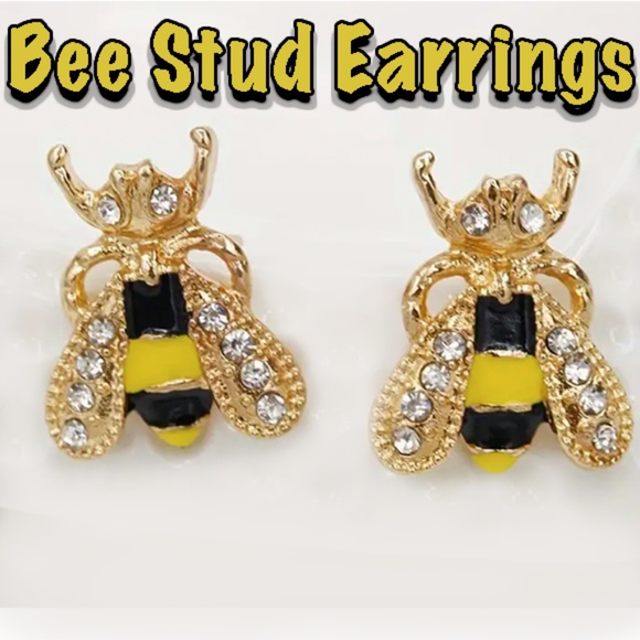 Bee Stud Earrings - Cubic Zirconia Glitters, with Alloy Base, and Enamel Colors - Picture 1 of 7